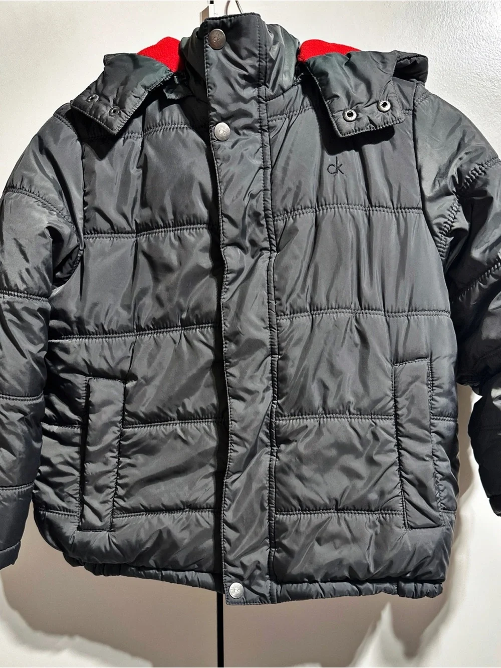 Calvin Klein Kids Gray Puffer Jacket with Red Hood Lining